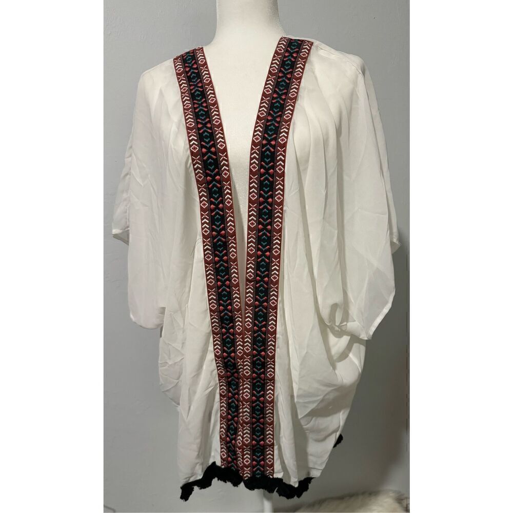 West loop Embroidered trim lightweight cover up kimono flowy frindge open front